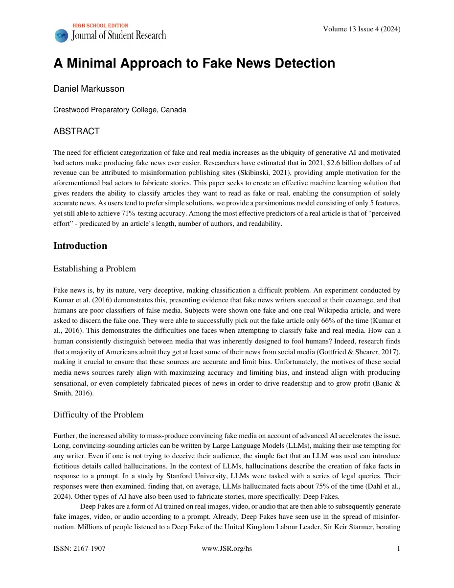 The first page of A Minimal Approach to Fake News Detection.