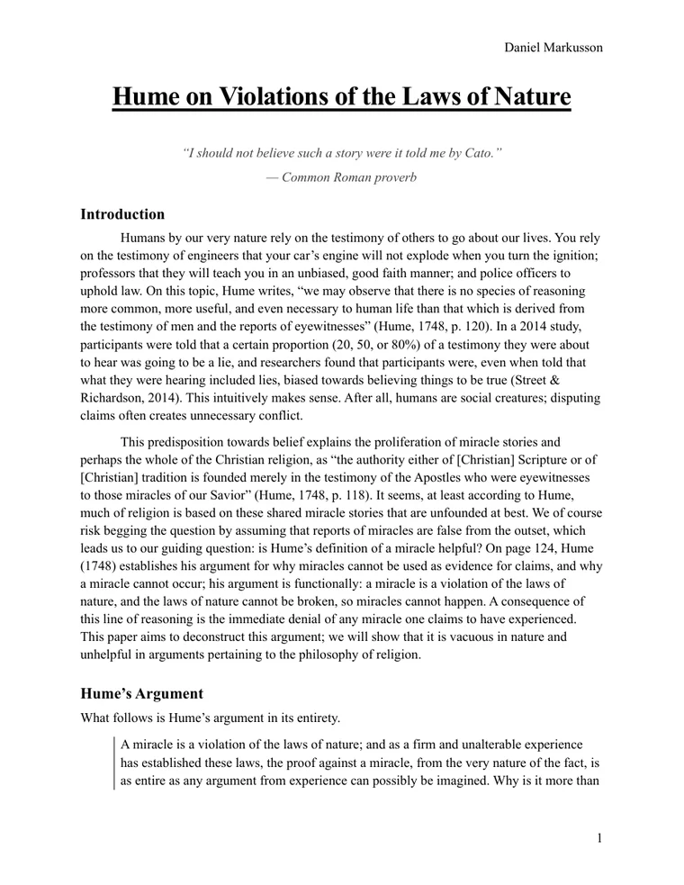 First page of Hume on Violations of the Laws of Nature.