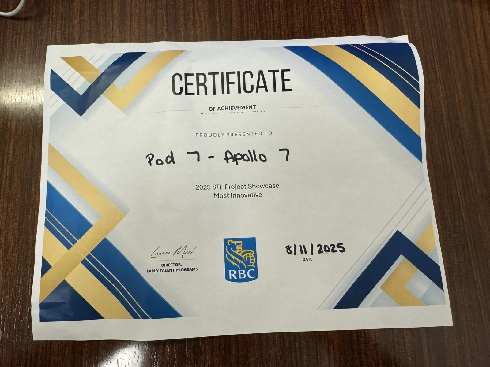 Most Innovative Solution certificate from RBC Summer Tech Labs.