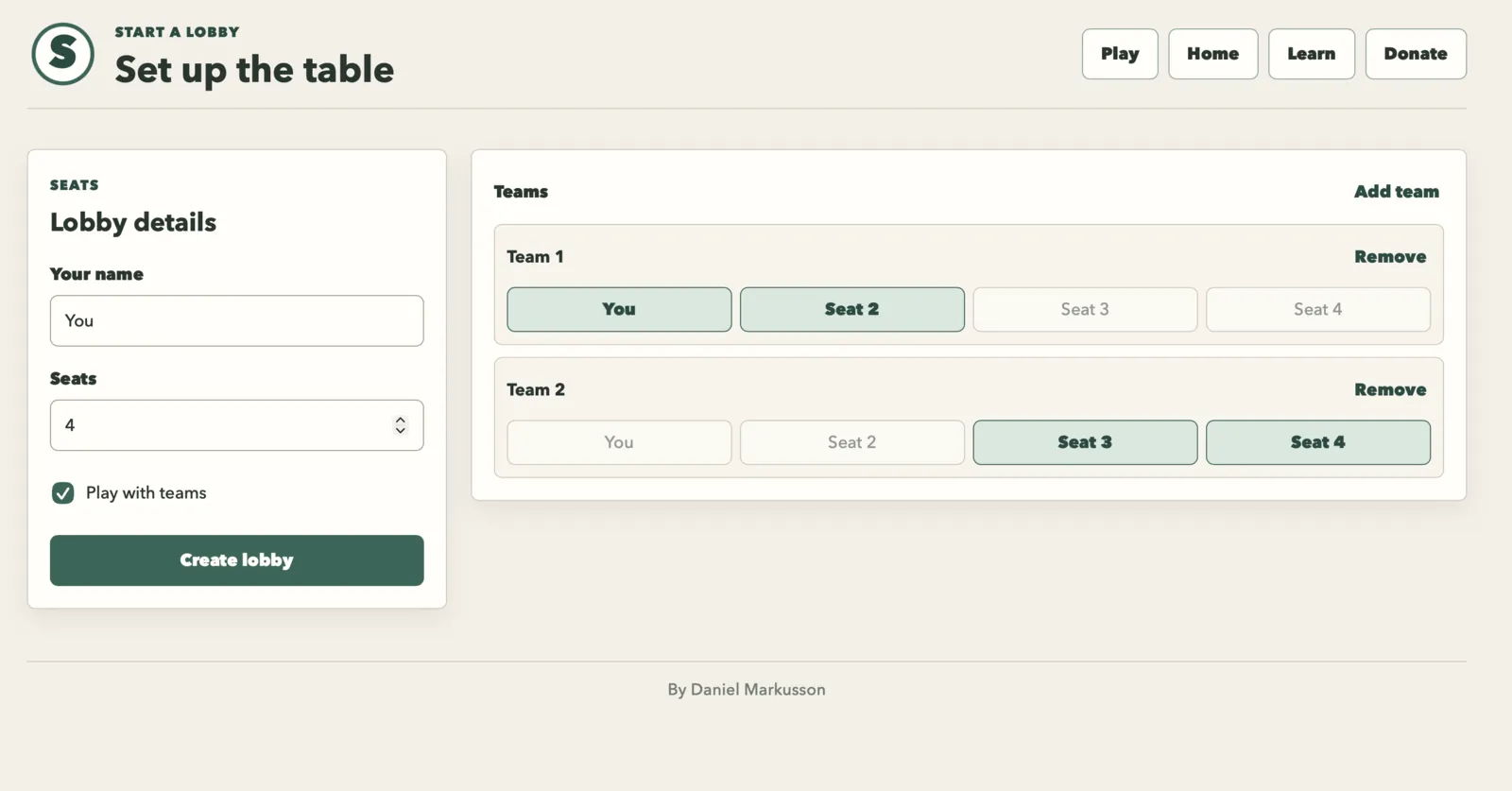 The Smear lobby and table setup screen.